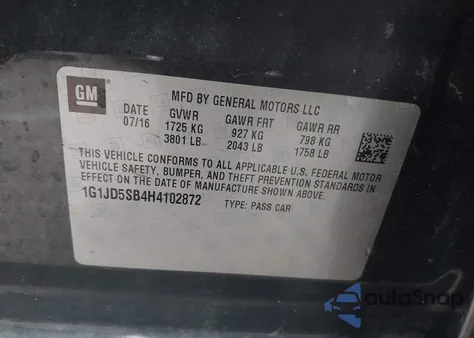 2017 Chevrolet Sonic Lt Auto z USA, uszkodzony, nr VIN 1G1JD5SB4H4102872